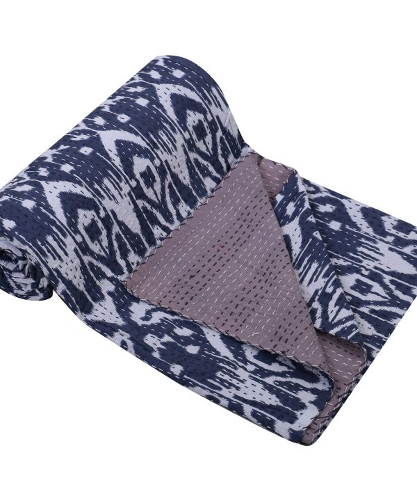 Alternative view of Indigo Blue and White Geometric Handmade Cotton Kantha Quilt – Single 60×90 inches