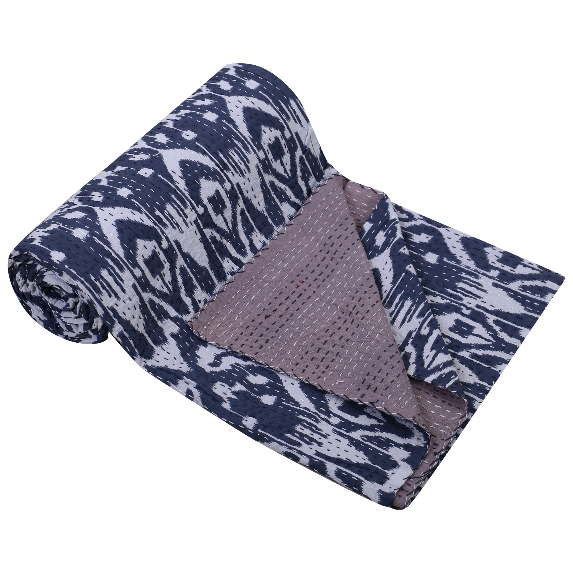 Indigo Blue and White Geometric Handmade Cotton Kantha Quilt – Single 60×90 inches - Image 2