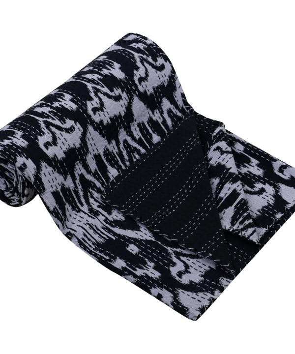 Black and White Ikat Handmade Cotton Kantha Quilt – Single 60×90 inches