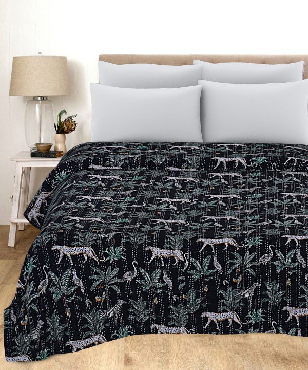 Black and Grey Botanical Handmade Cotton Kantha Quilt – Double 90×108 inches
