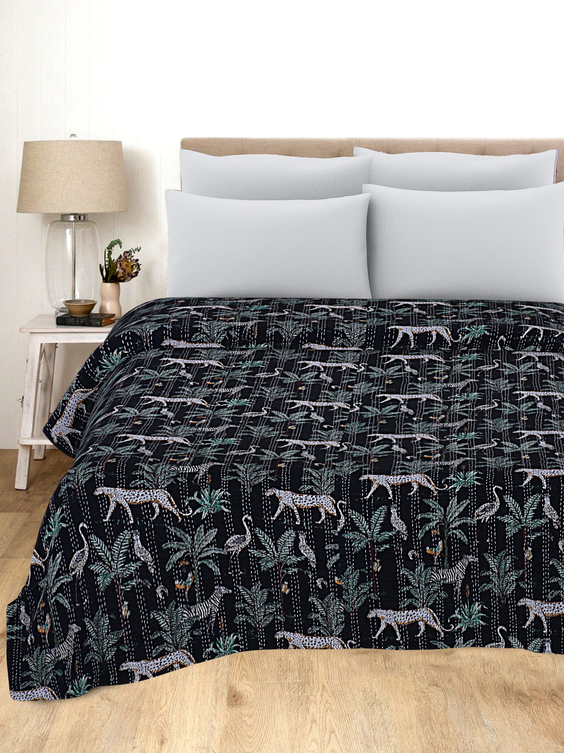 Black and Grey Botanical Handmade Cotton Kantha Quilt – Double 90×108 inches
