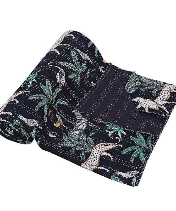 Alternative view of Black and Grey Botanical Handmade Cotton Kantha Quilt – Double 90×108 inches