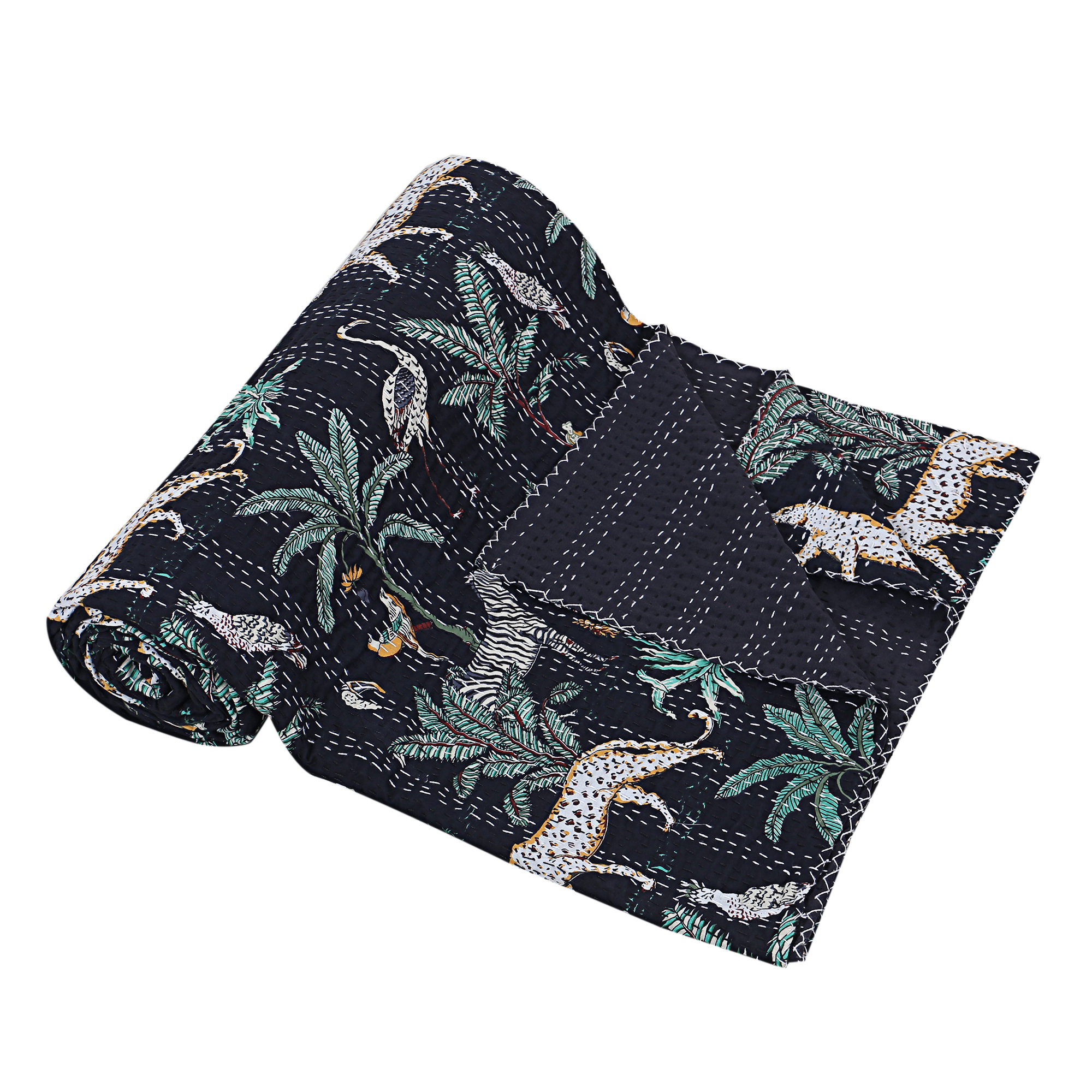 Black and Grey Botanical Handmade Cotton Kantha Quilt – Double 90×108 inches - Image 2