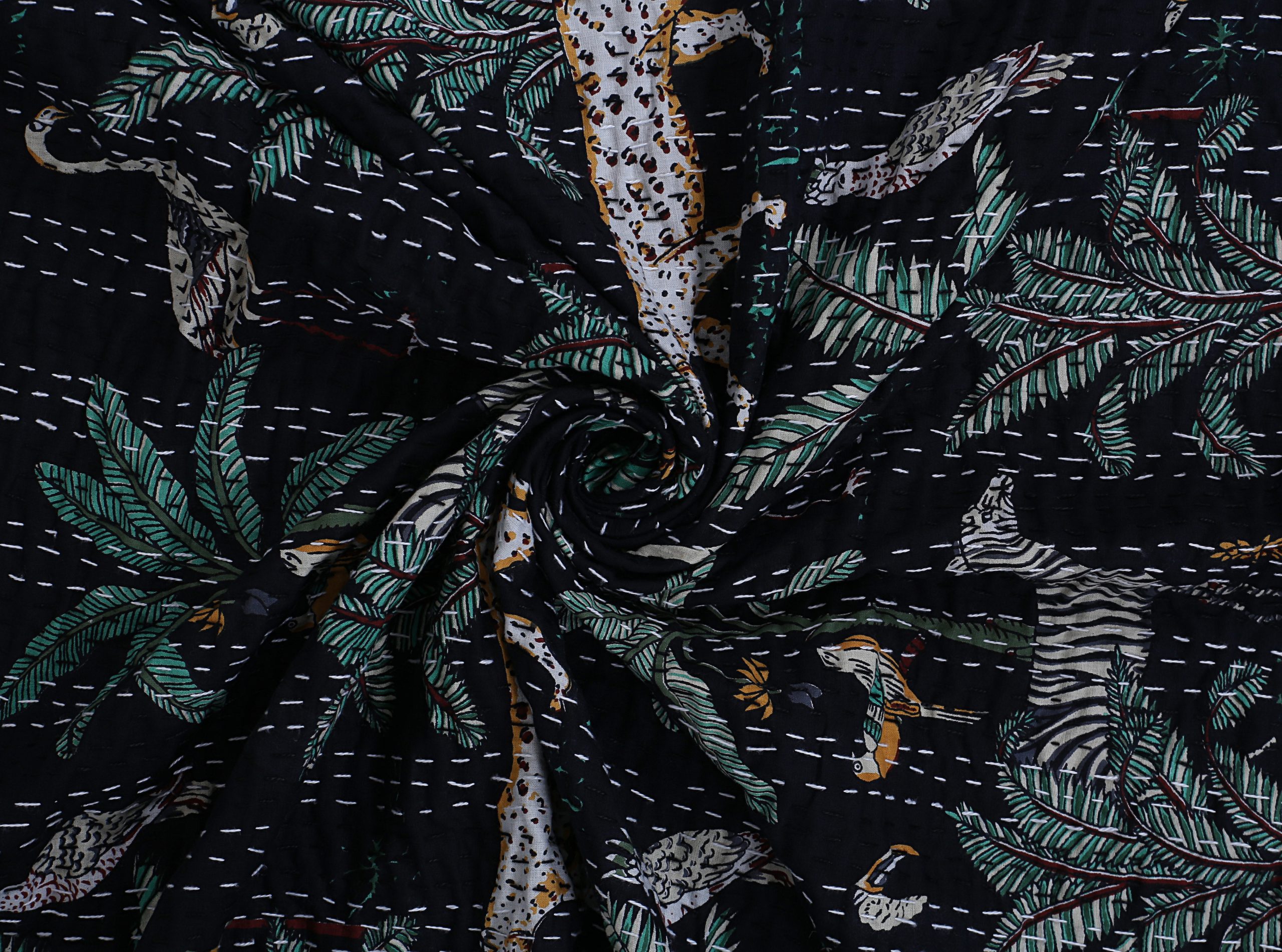 Black and Grey Botanical Handmade Cotton Kantha Quilt – Double 90×108 inches - Image 4