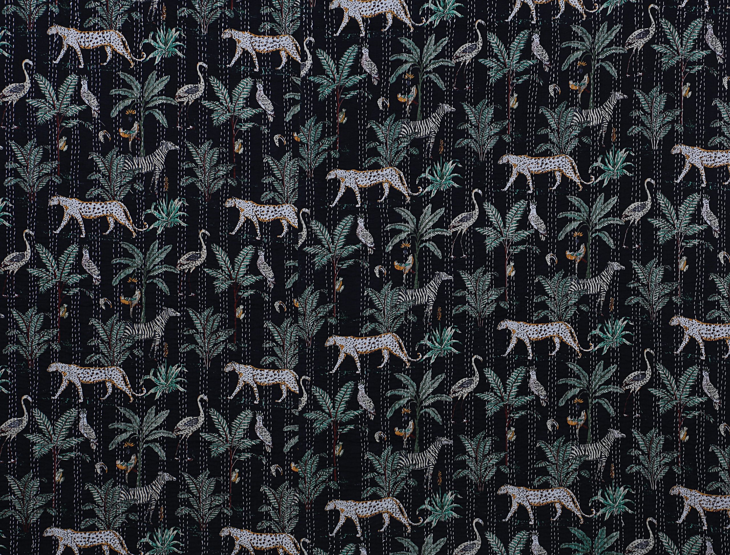 Black and Grey Botanical Handmade Cotton Kantha Quilt – Double 90×108 inches - Image 5