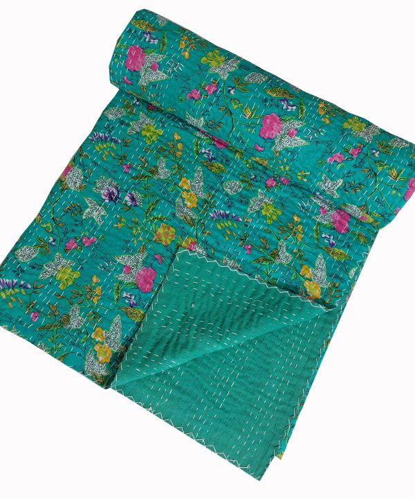 Teal Green Floral Handmade Cotton Kantha Quilt – Baby 40×40 inches