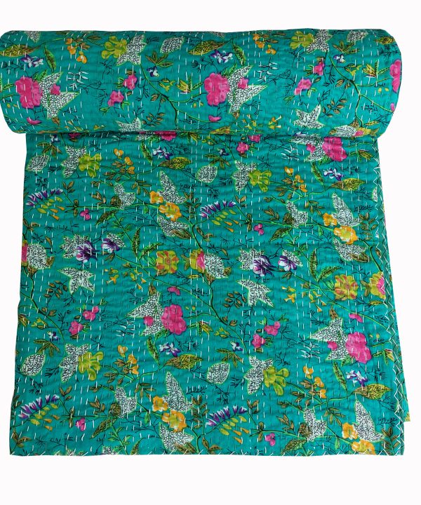 Alternative view of Teal Green Floral Handmade Cotton Kantha Quilt – Baby 40×40 inches
