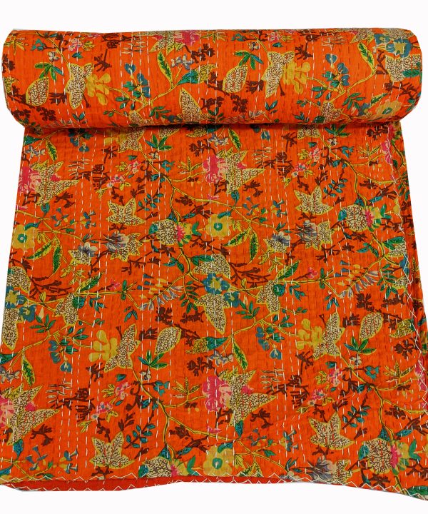 Orange Multicolor Floral Handmade Cotton Kantha Quilt – Baby 40×40 inches