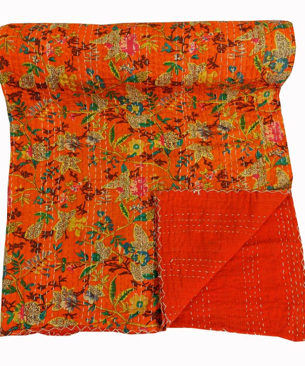 Alternative view of Orange Multicolor Floral Handmade Cotton Kantha Quilt – Baby 40×40 inches