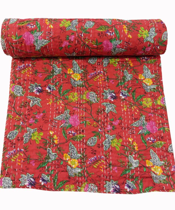 Red and Pink Floral Handmade Cotton Kantha Quilt – Double 90×108 inches