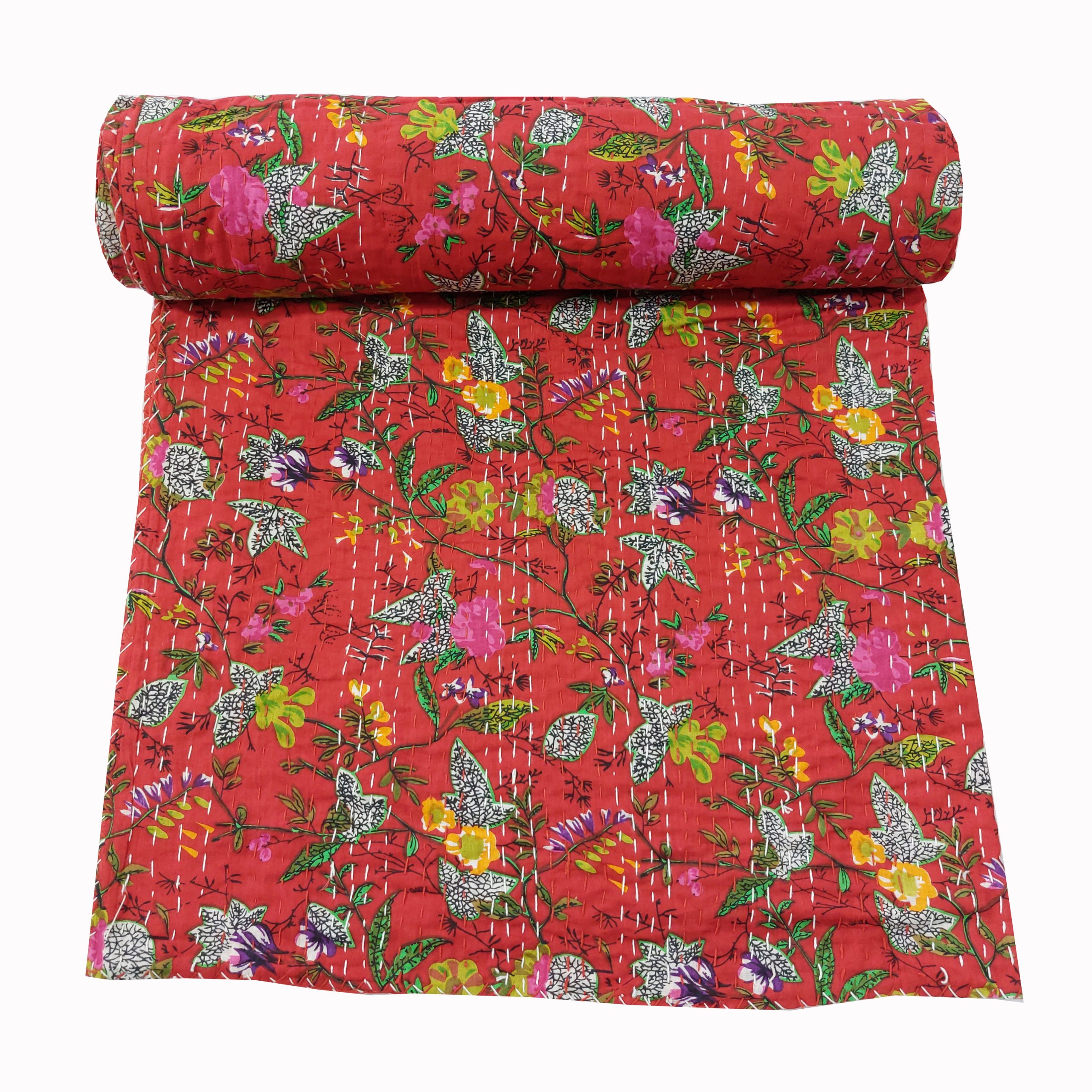 Red and Pink Floral Handmade Cotton Kantha Quilt – Double 90×108 inches