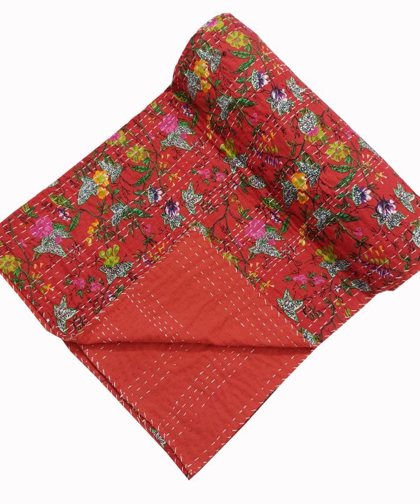 Alternative view of Red and Pink Floral Handmade Cotton Kantha Quilt – Double 90×108 inches