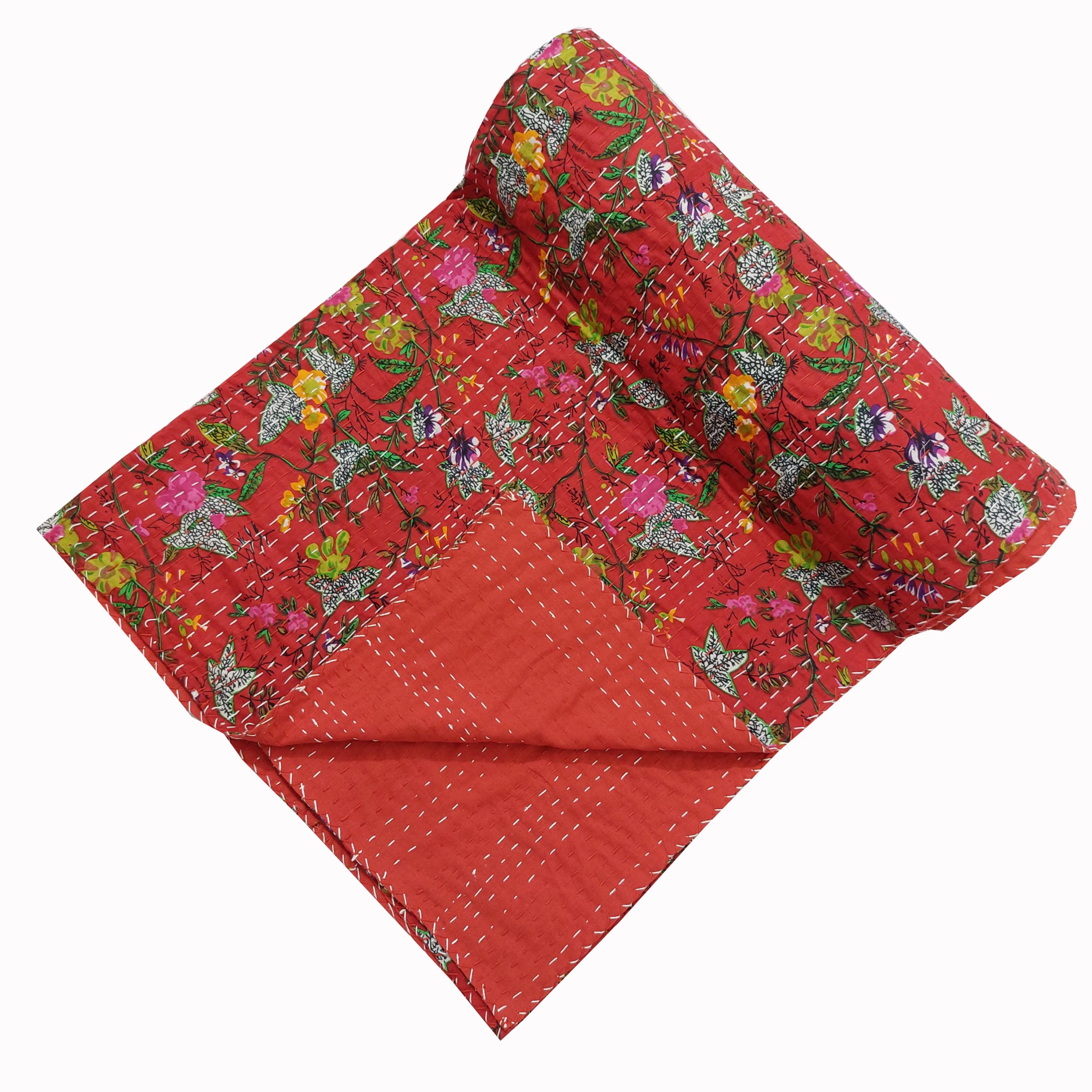 Red and Pink Floral Handmade Cotton Kantha Quilt – Double 90×108 inches - Image 2