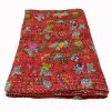 Red and Pink Floral Handmade Cotton Kantha Quilt – Double 90×108 inches - Image 3