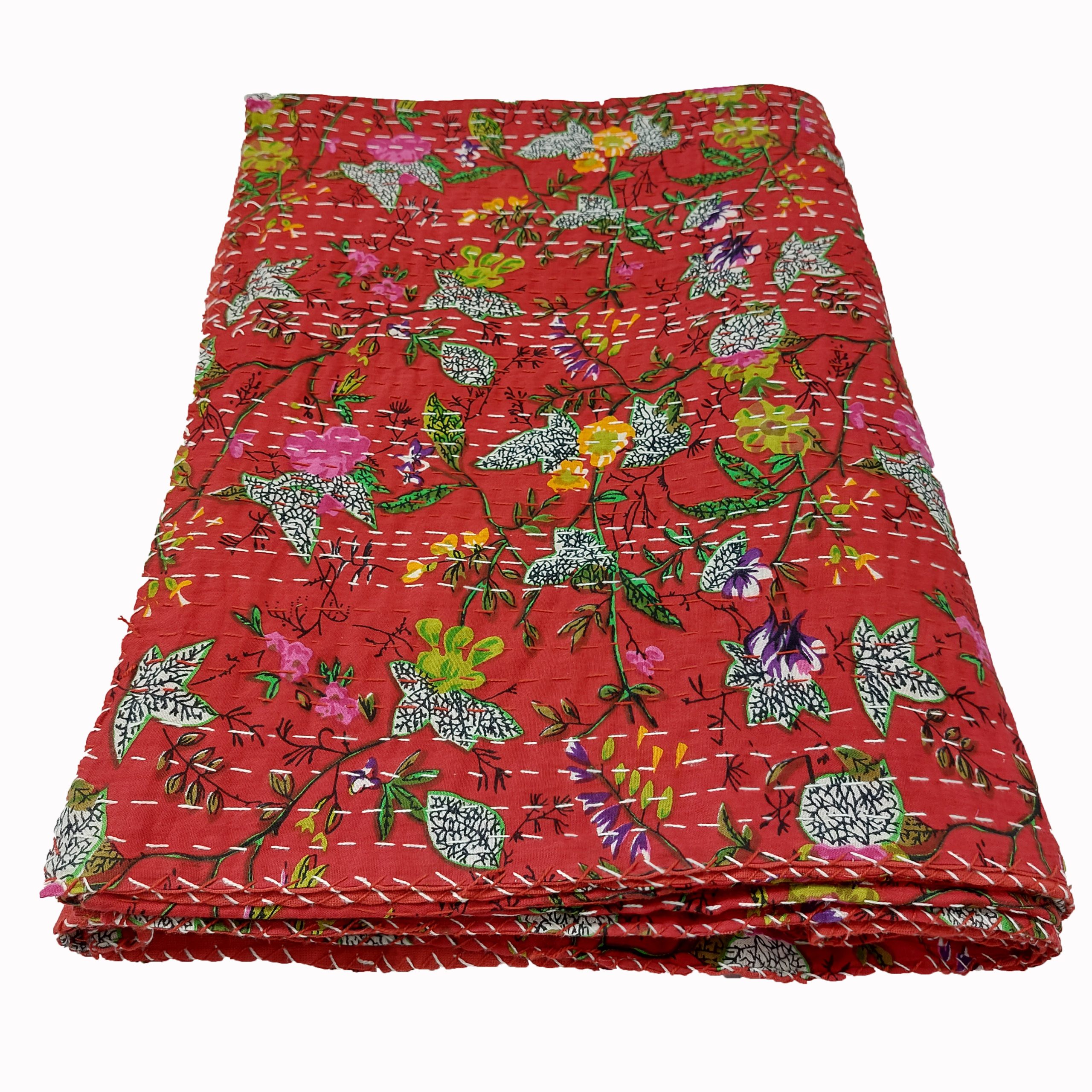 Red and Pink Floral Handmade Cotton Kantha Quilt – Double 90×108 inches - Image 3
