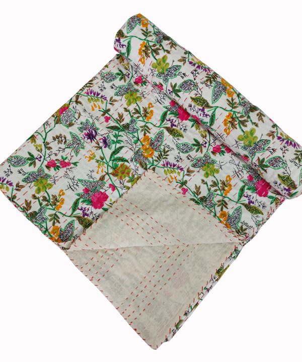 Cream Multicolor Botanical Handmade Cotton Kantha Quilt – Multiple Sizes