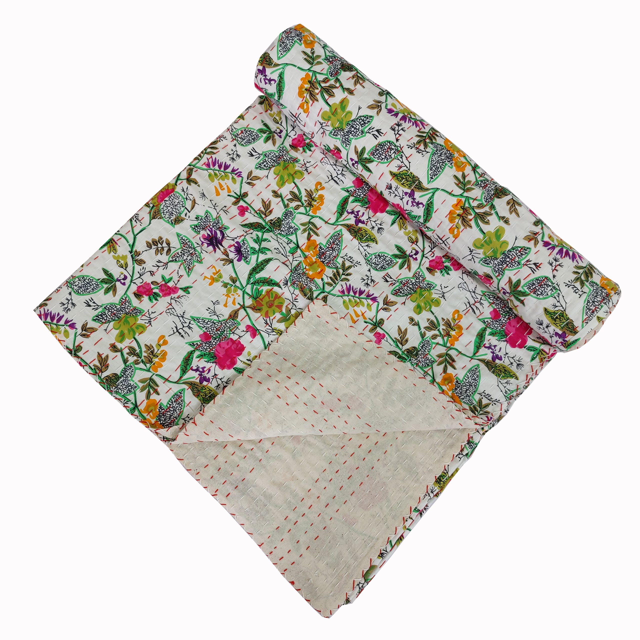 Cream Multicolor Botanical Handmade Cotton Kantha Quilt – Multiple Sizes