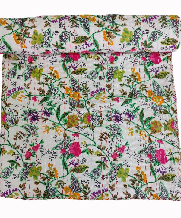 Alternative view of Cream Multicolor Botanical Handmade Cotton Kantha Quilt – Multiple Sizes