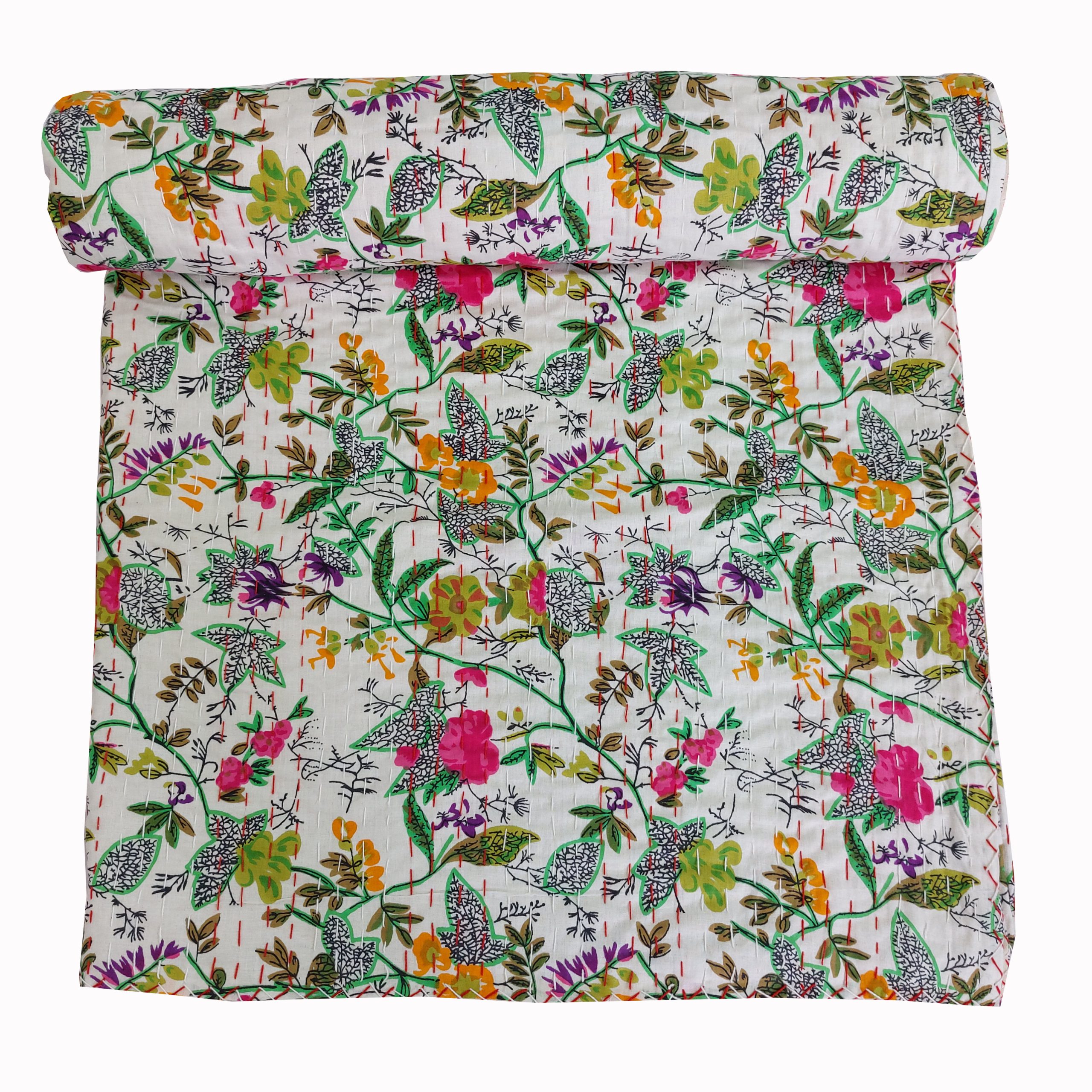 Cream Multicolor Botanical Handmade Cotton Kantha Quilt – Multiple Sizes - Image 2