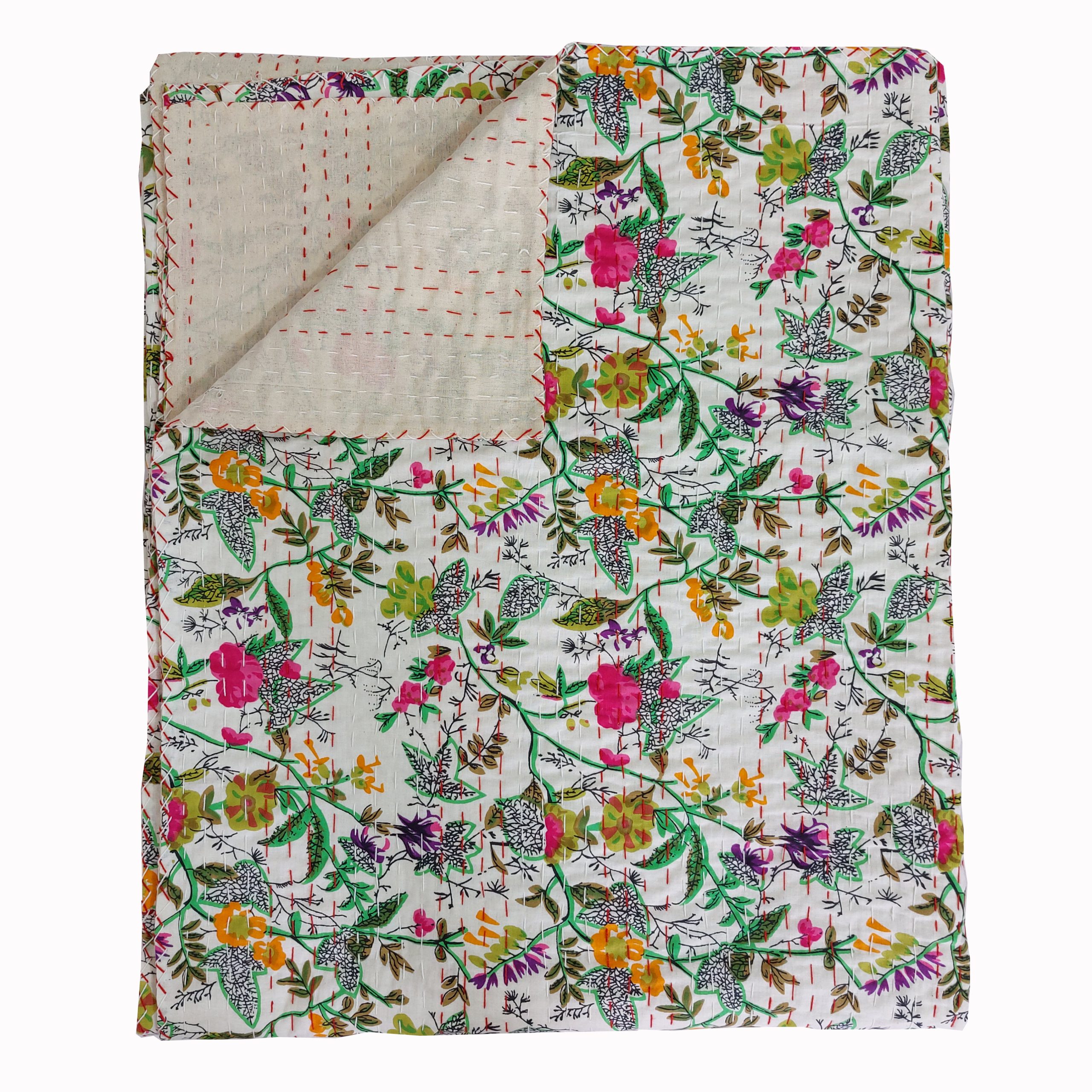Cream Multicolor Botanical Handmade Cotton Kantha Quilt – Multiple Sizes - Image 3
