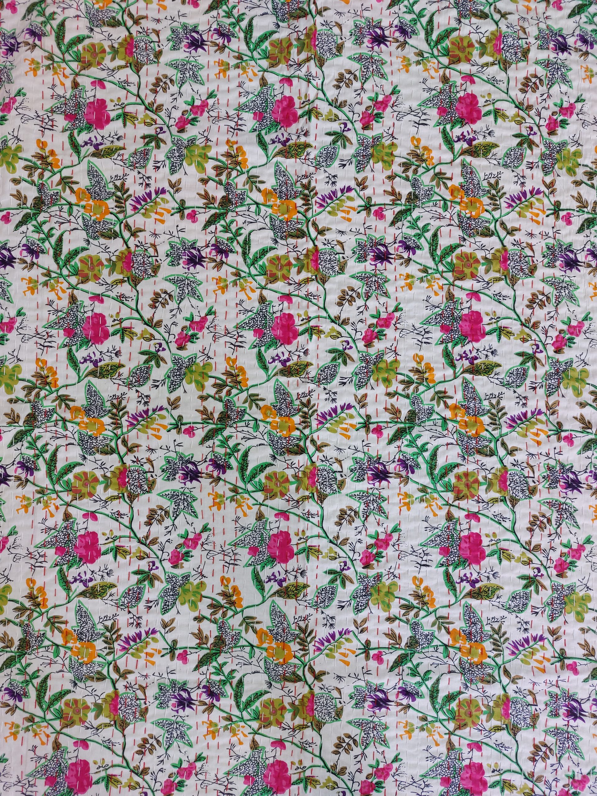 Cream Multicolor Botanical Handmade Cotton Kantha Quilt – Multiple Sizes - Image 4