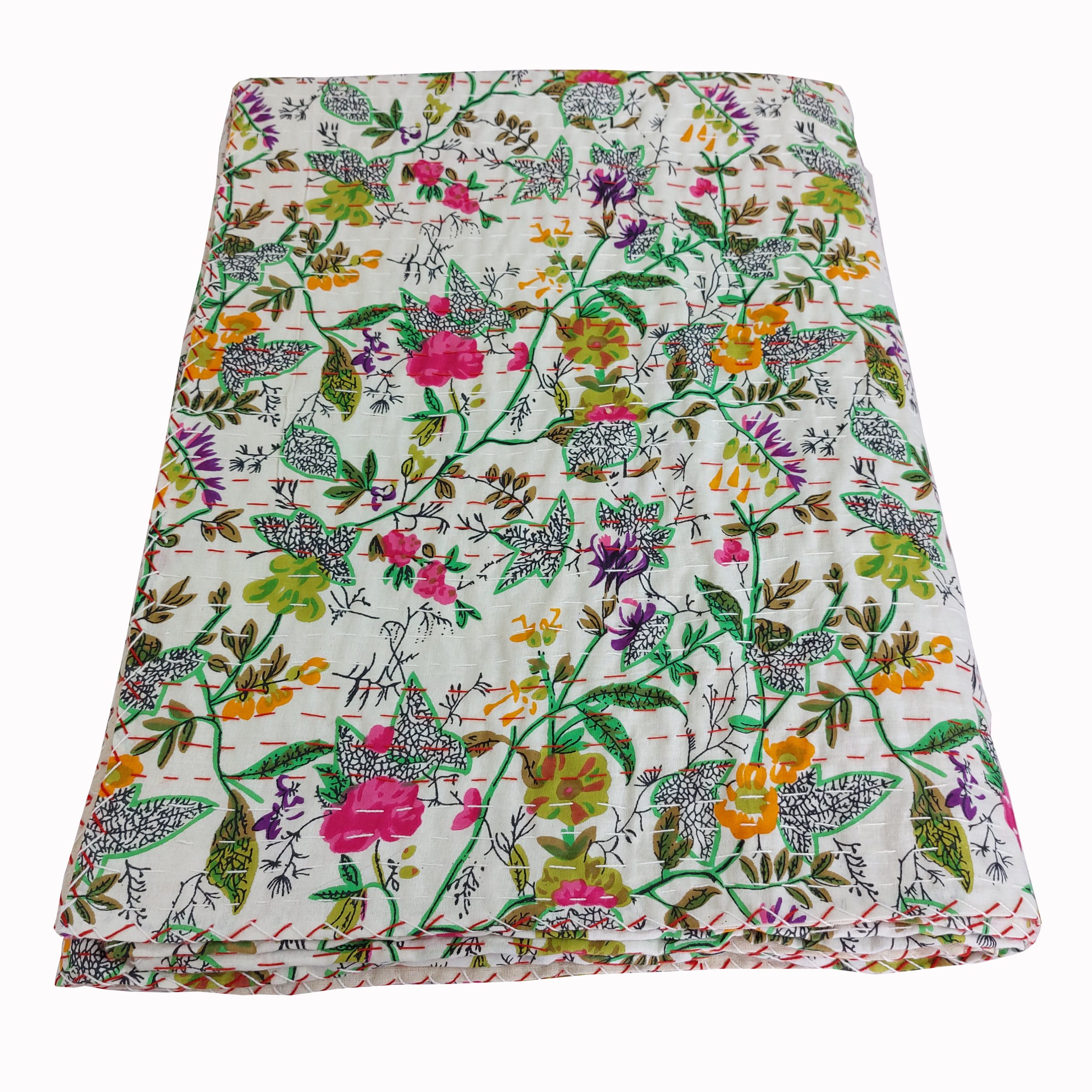 Cream Multicolor Botanical Handmade Cotton Kantha Quilt – Multiple Sizes - Image 5