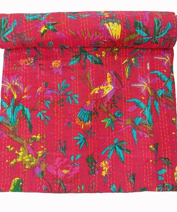 Hot Pink and Teal Floral Handmade Cotton Kantha Quilt – Double 90×108 inches