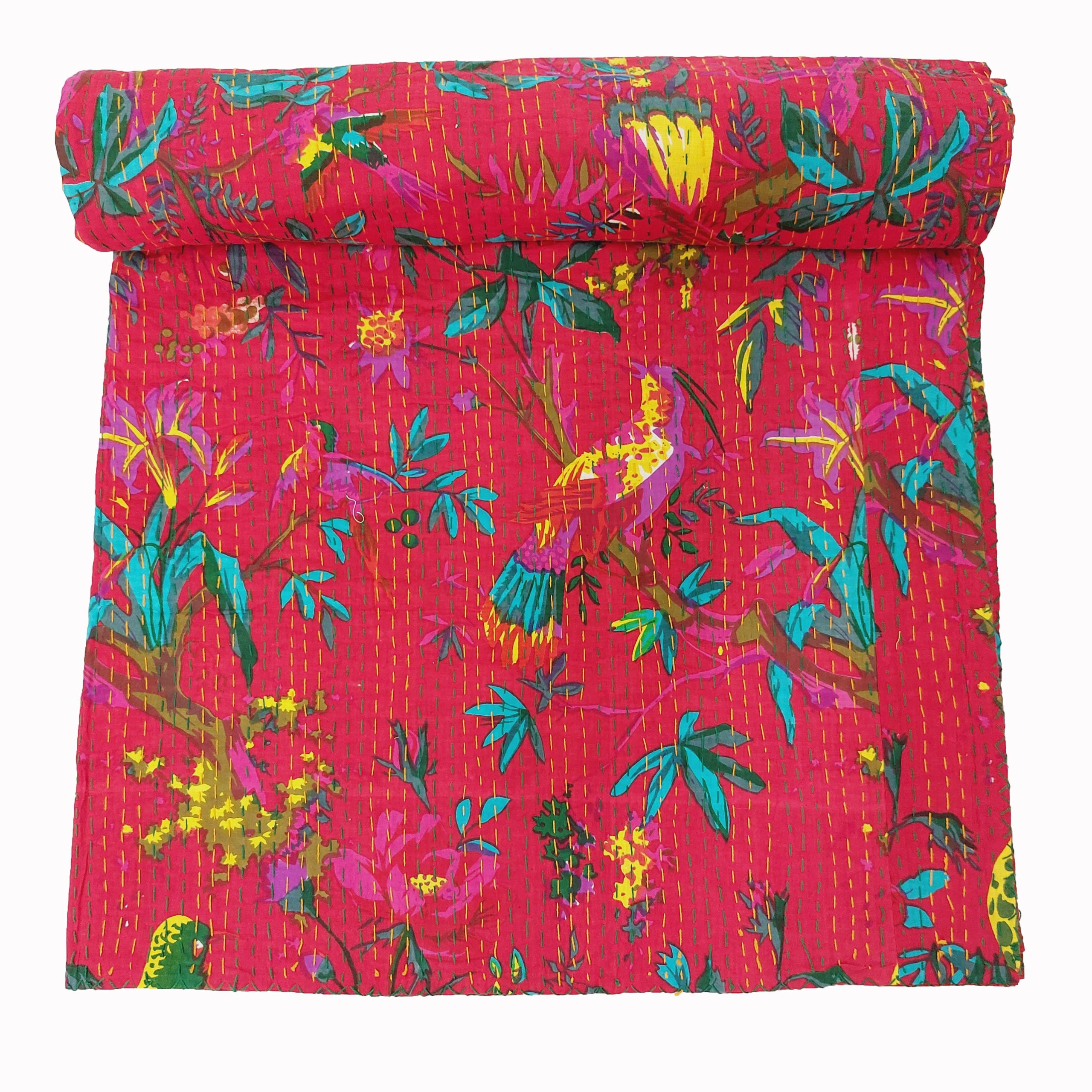 Hot Pink and Teal Floral Handmade Cotton Kantha Quilt – Double 90×108 inches