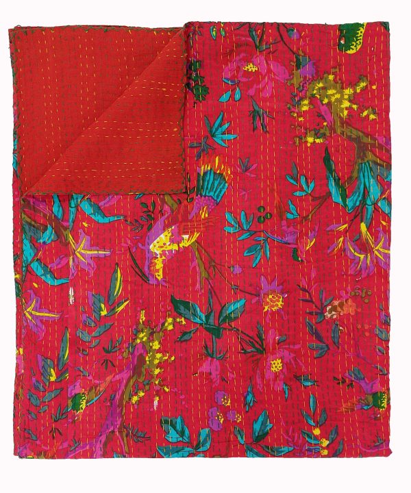 Alternative view of Hot Pink and Teal Floral Handmade Cotton Kantha Quilt – Double 90×108 inches