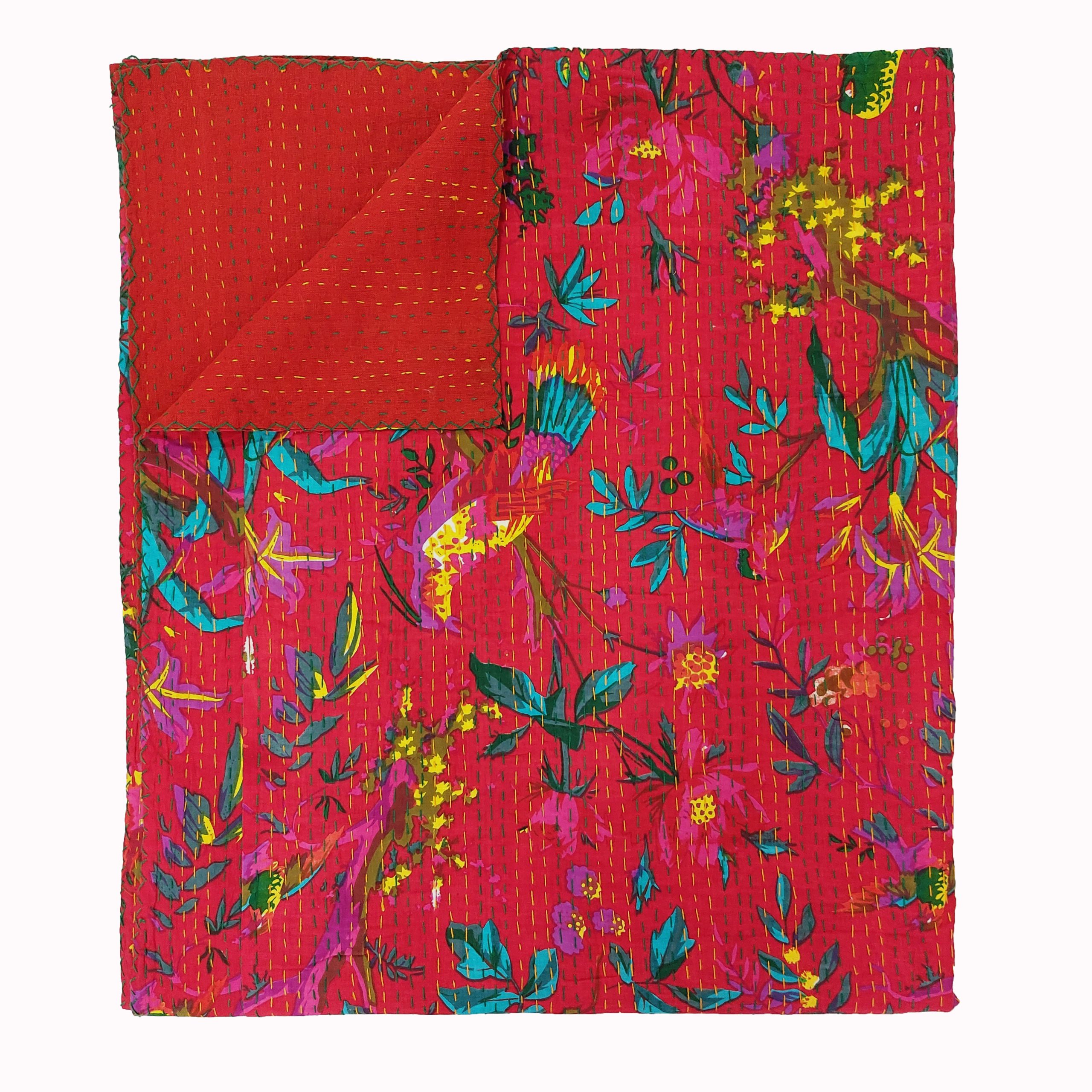 Hot Pink and Teal Floral Handmade Cotton Kantha Quilt – Double 90×108 inches - Image 2