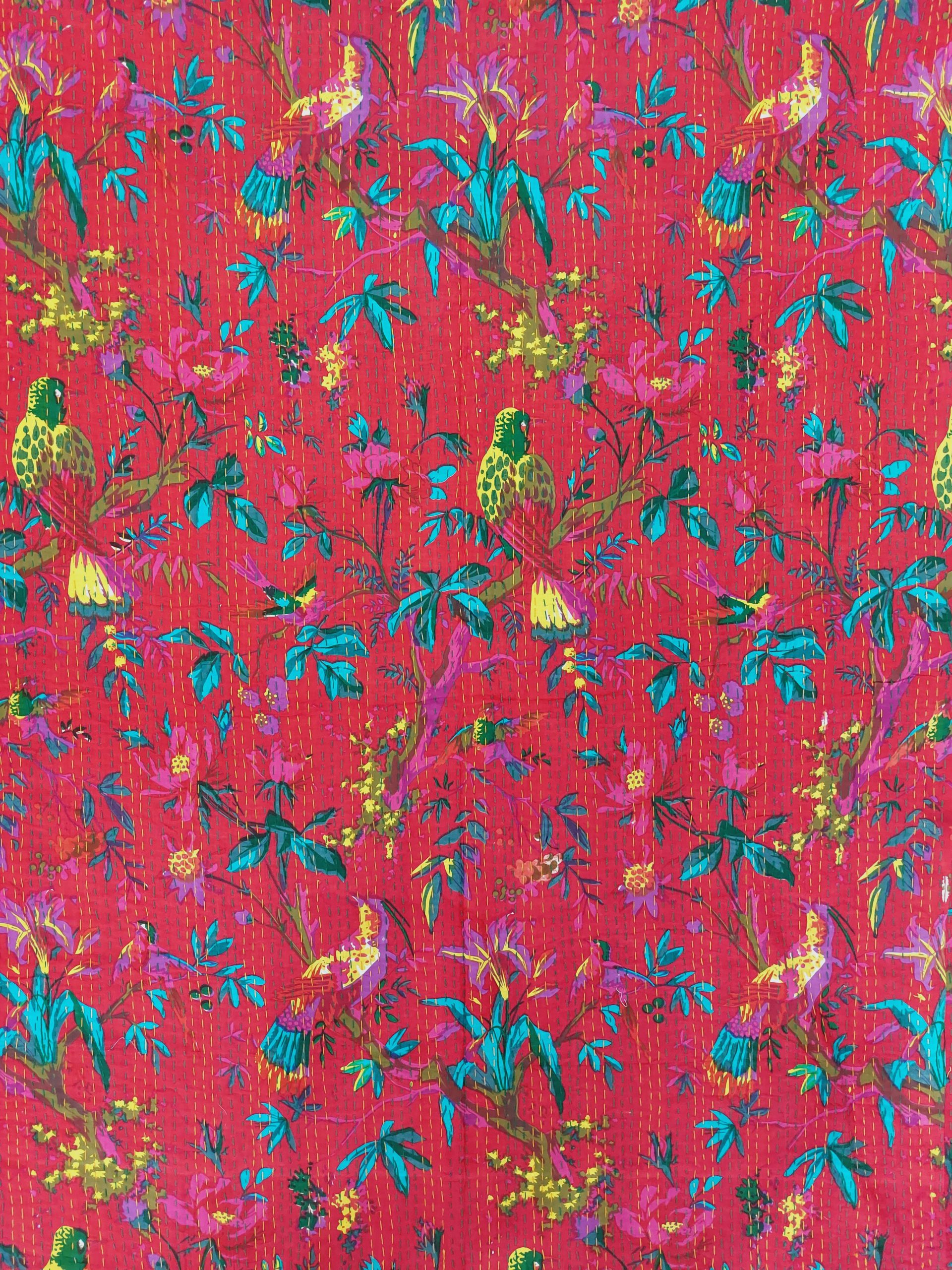 Hot Pink and Teal Floral Handmade Cotton Kantha Quilt – Double 90×108 inches - Image 3