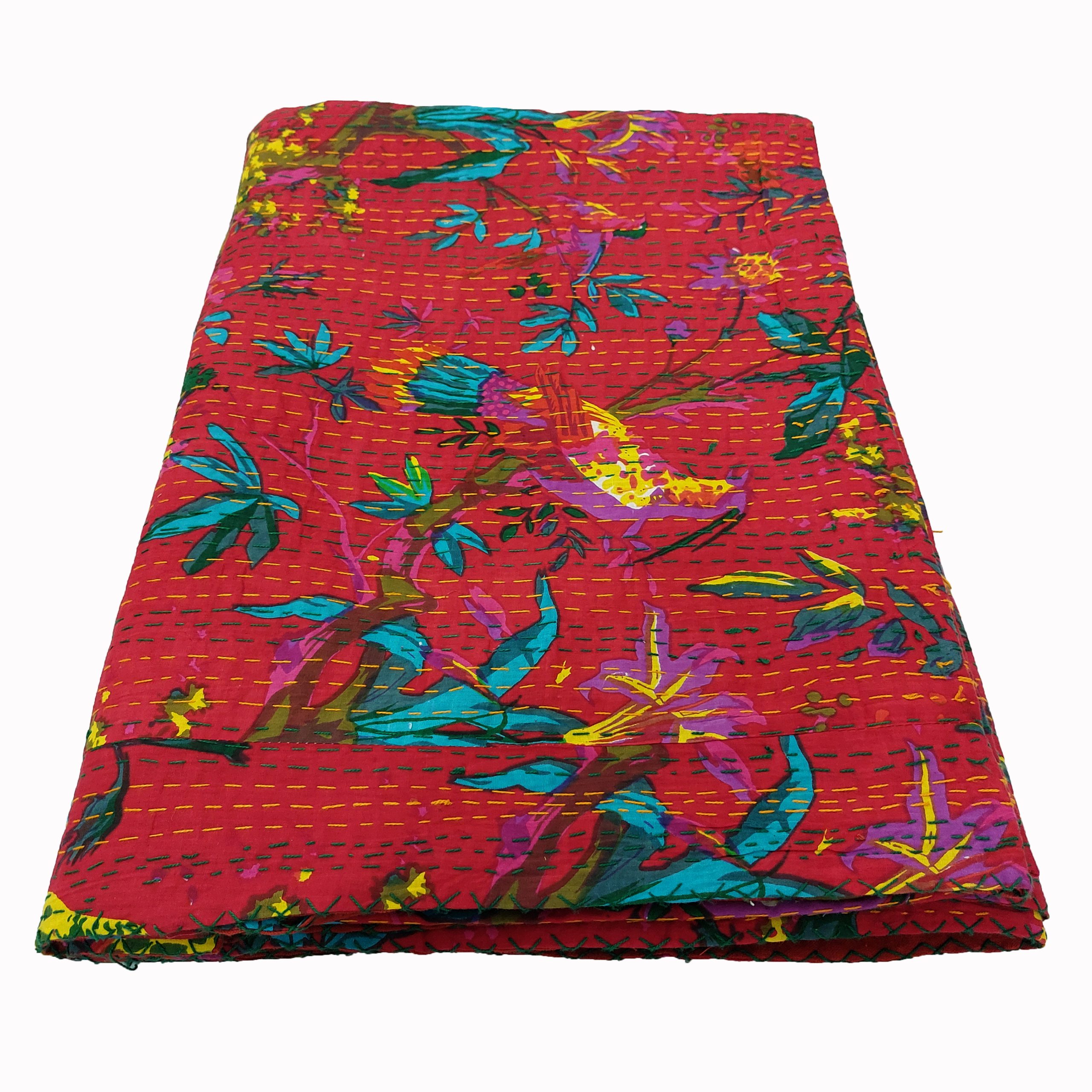 Hot Pink and Teal Floral Handmade Cotton Kantha Quilt – Double 90×108 inches - Image 4