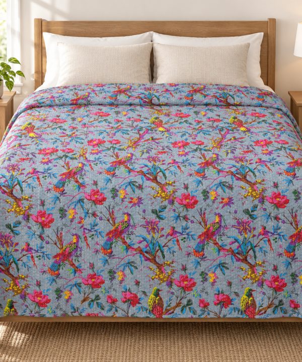 Grey Bird Floral Handmade Cotton Kantha Quilt