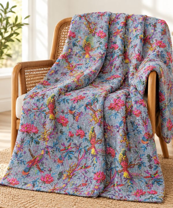 Alternative view of Grey Bird Floral Handmade Cotton Kantha Quilt