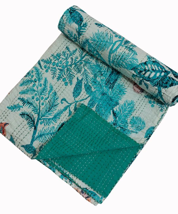 Aqua Blue Botanical Handmade Cotton Kantha Quilt – Baby 40×40 inches