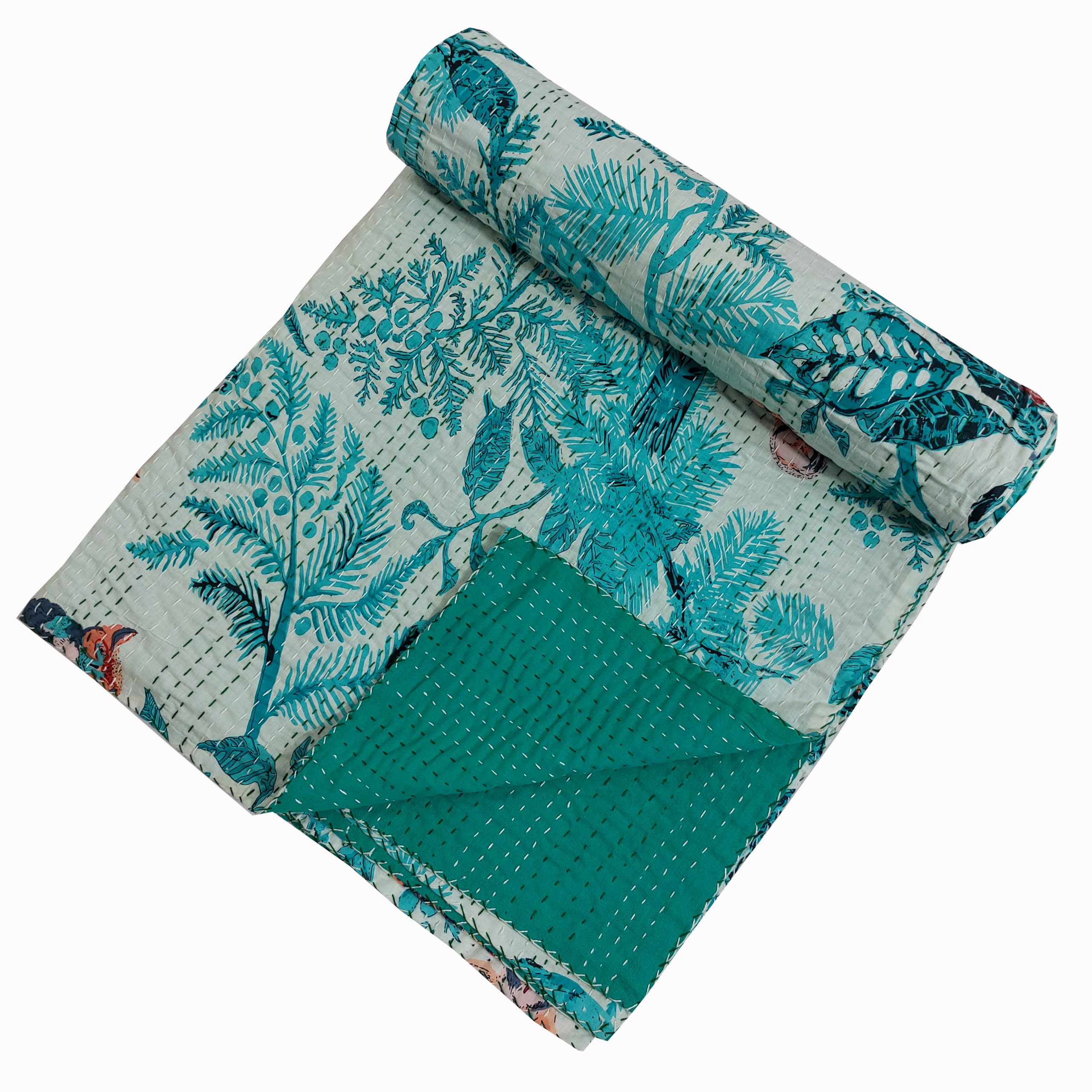 Aqua Blue Botanical Handmade Cotton Kantha Quilt – Baby 40×40 inches
