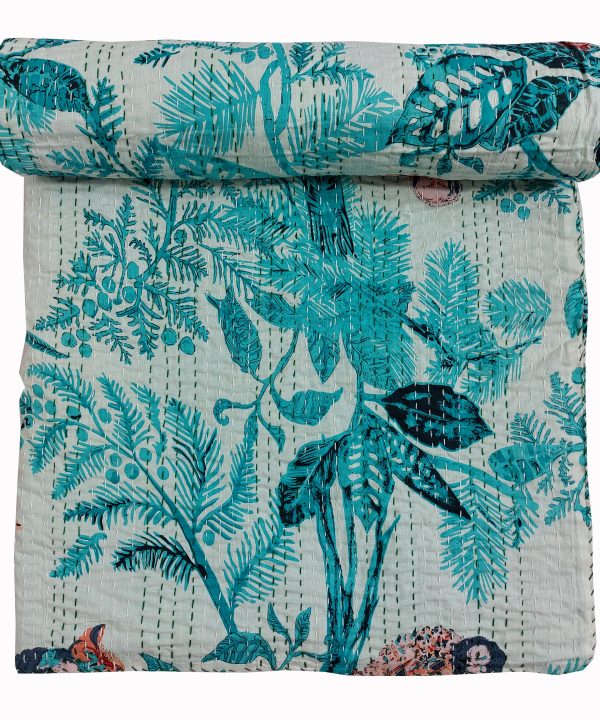 Alternative view of Aqua Blue Botanical Handmade Cotton Kantha Quilt – Baby 40×40 inches