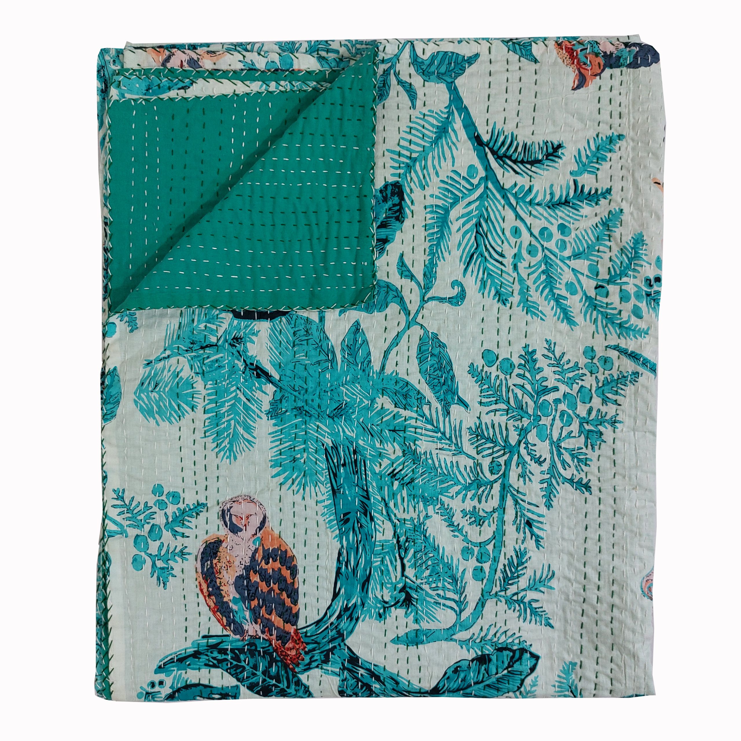 Aqua Blue Botanical Handmade Cotton Kantha Quilt – Baby 40×40 inches - Image 3