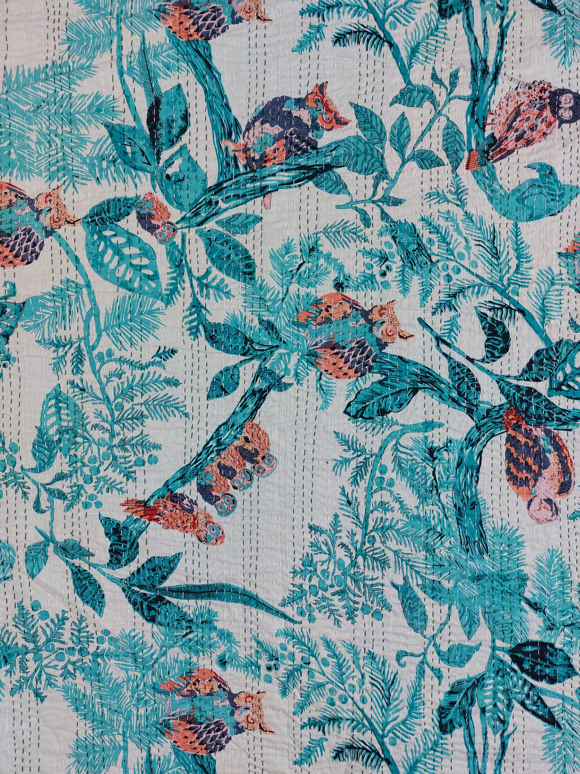 Aqua Blue Botanical Handmade Cotton Kantha Quilt – Baby 40×40 inches - Image 4
