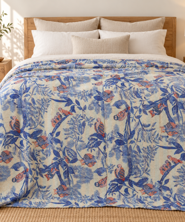 Blue and Beige Botanical Handmade Cotton Kantha Quilt – Double 90×108 inches