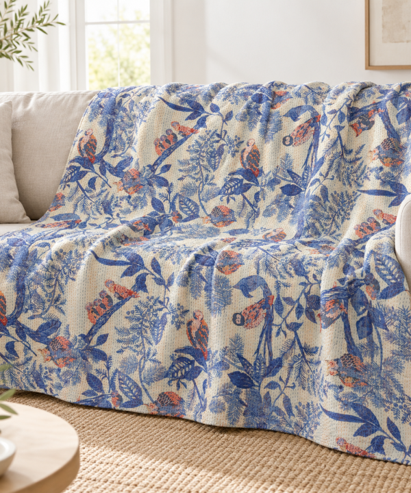 Alternative view of Blue and Beige Botanical Handmade Cotton Kantha Quilt – Double 90×108 inches