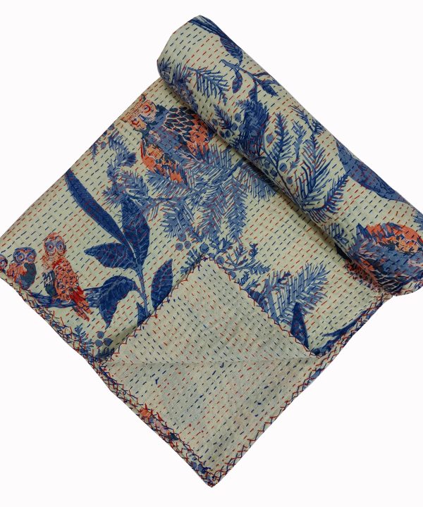 Blue and Beige Botanical Handmade Cotton Kantha Quilt – Double 90×108 inches