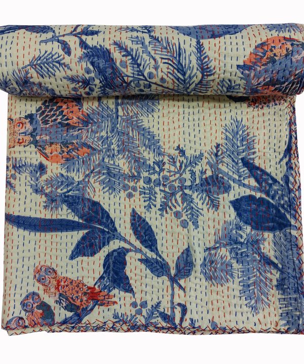 Alternative view of Blue and Beige Botanical Handmade Cotton Kantha Quilt – Double 90×108 inches