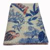 Blue and Beige Botanical Handmade Cotton Kantha Quilt – Double 90×108 inches - Image 5
