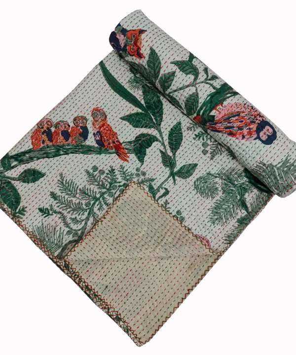 Cream and Green Bird Floral Handmade Cotton Kantha Quilt – Multiple Sizes