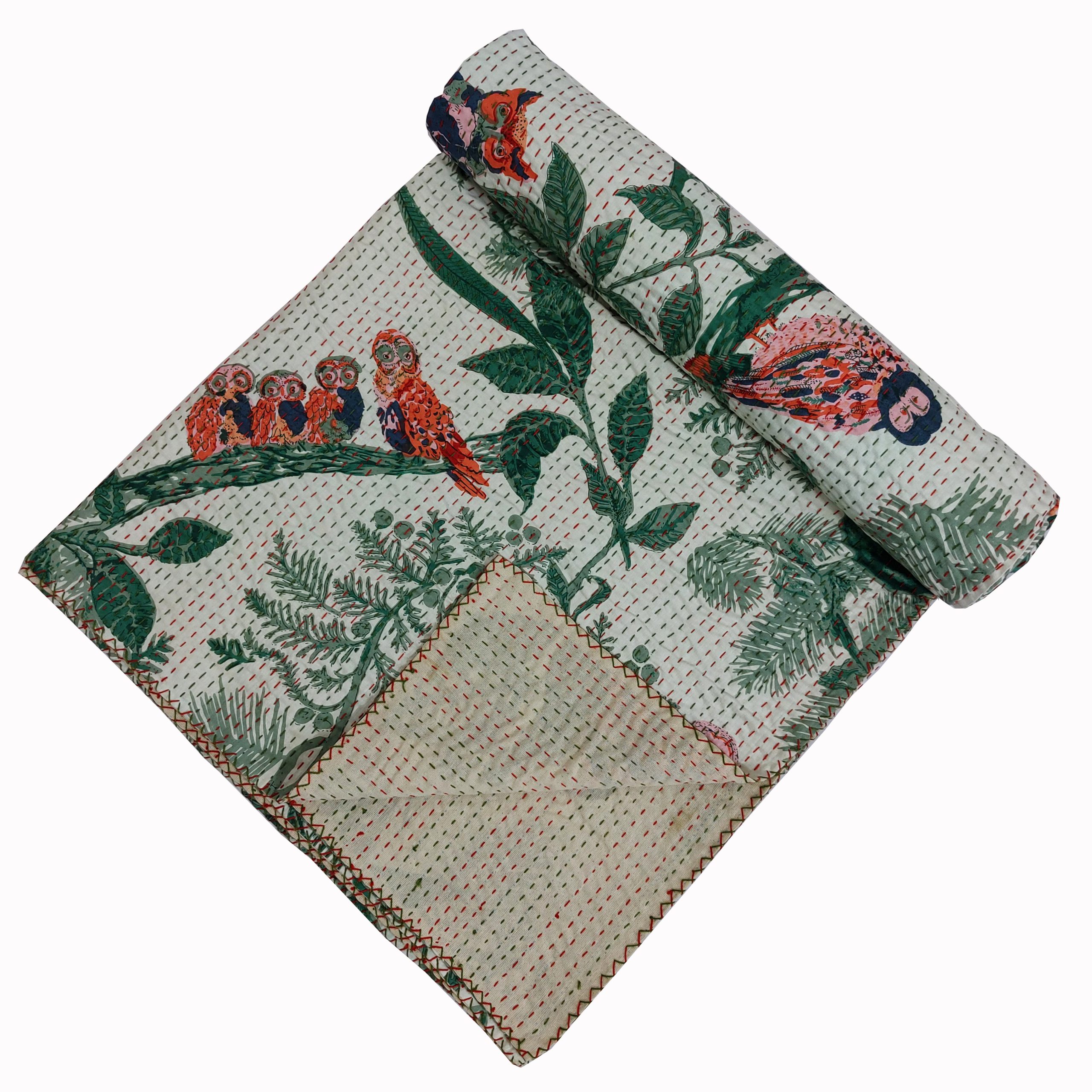 Cream and Green Bird Floral Handmade Cotton Kantha Quilt – Multiple Sizes