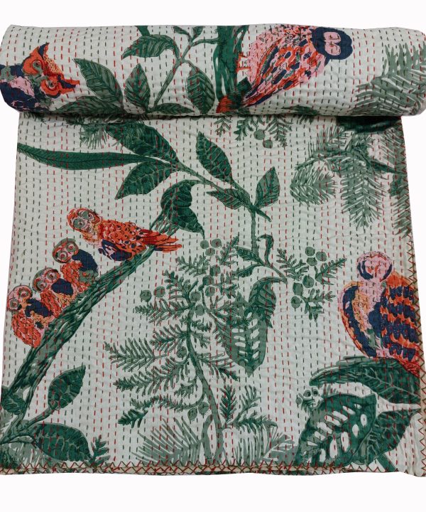 Alternative view of Cream and Green Bird Floral Handmade Cotton Kantha Quilt – Multiple Sizes