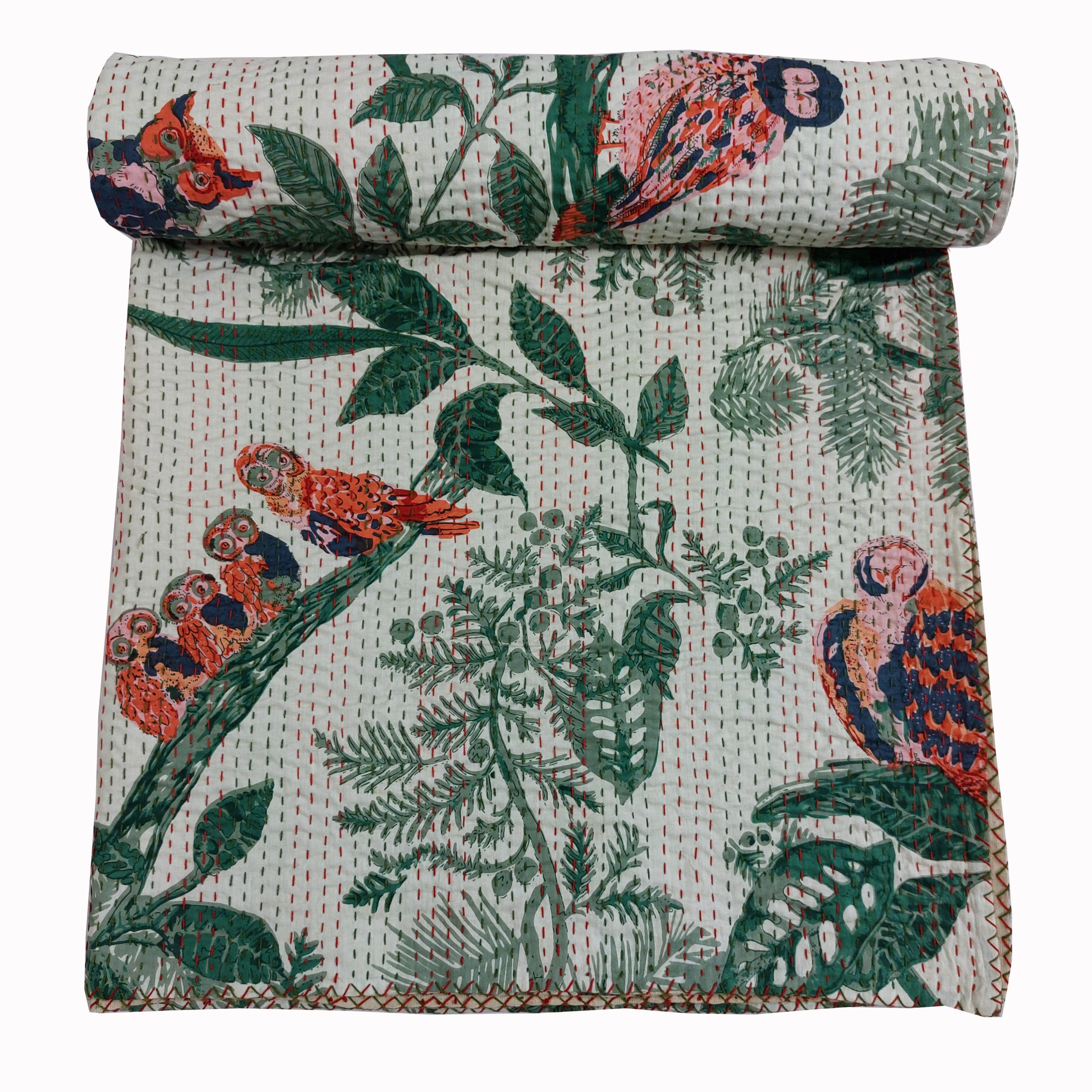 Cream and Green Bird Floral Handmade Cotton Kantha Quilt – Multiple Sizes - Image 2