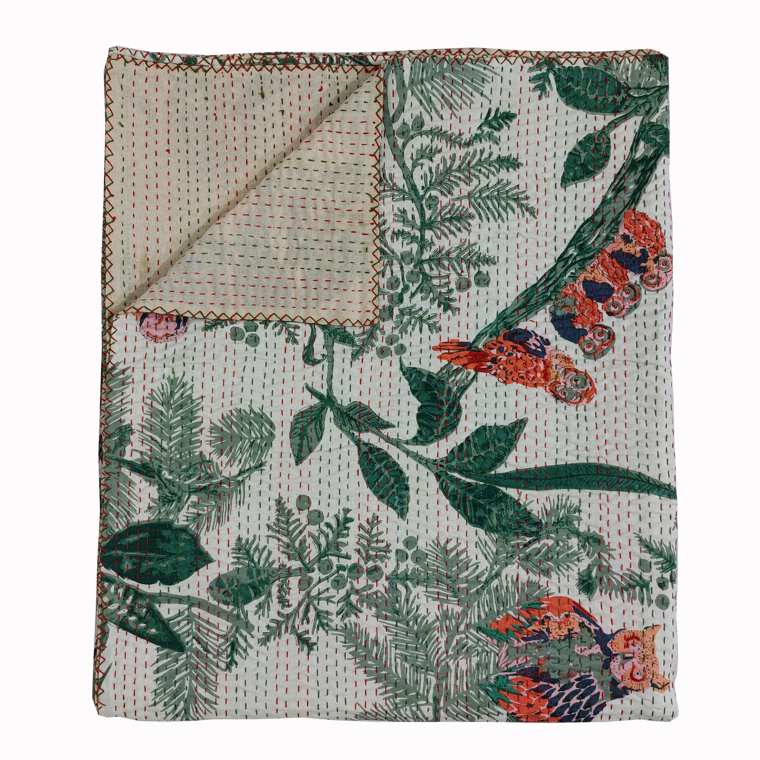 Cream and Green Bird Floral Handmade Cotton Kantha Quilt – Multiple Sizes - Image 3
