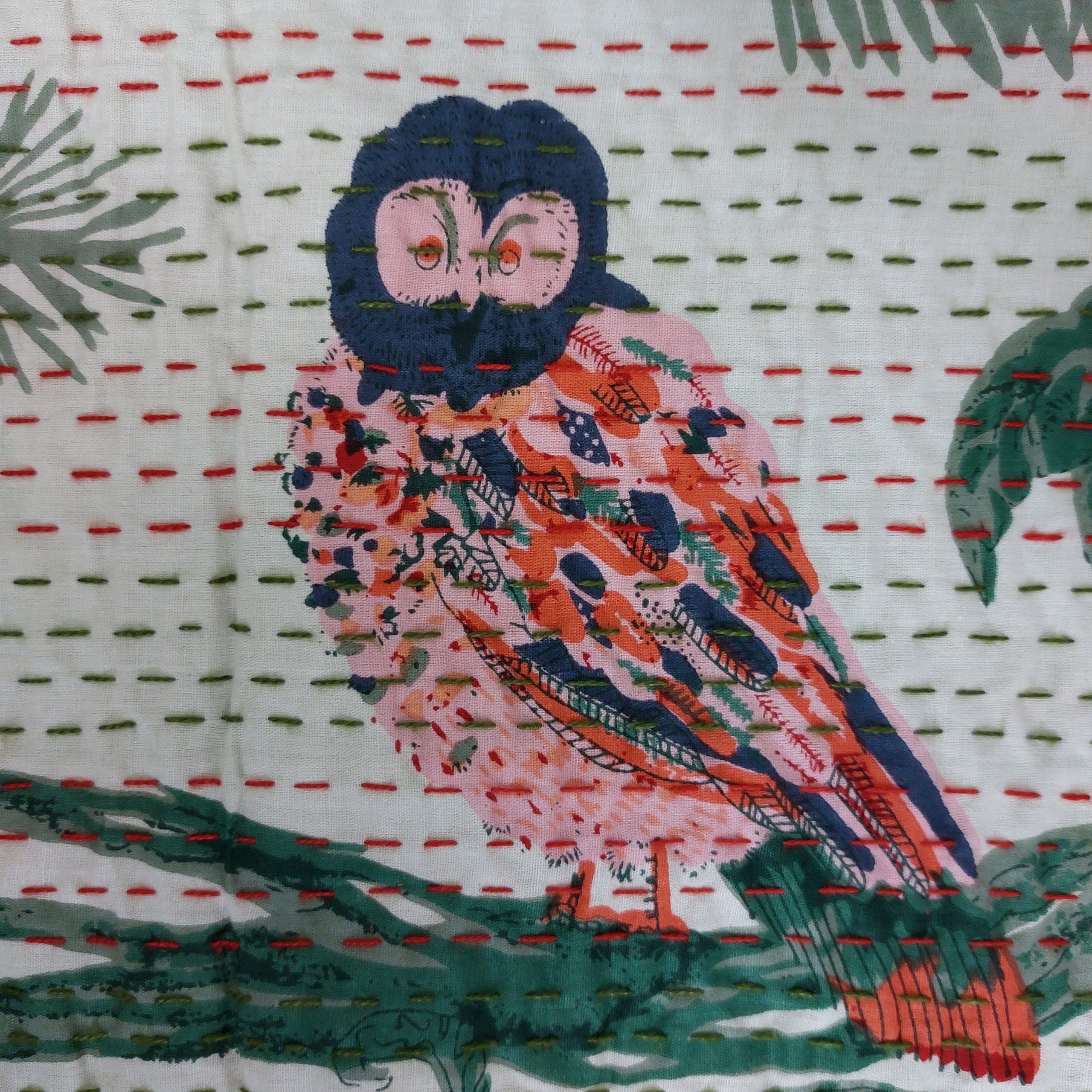 Cream and Green Bird Floral Handmade Cotton Kantha Quilt – Multiple Sizes - Image 4